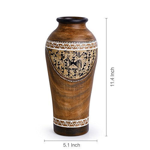 Tribal Melodies' Tapered Terracotta Vase With Warli Hand-Painting