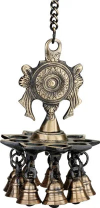Chakra brass hanging lamp with 9 wicks and bells for pooja-ArtyCraftz.com