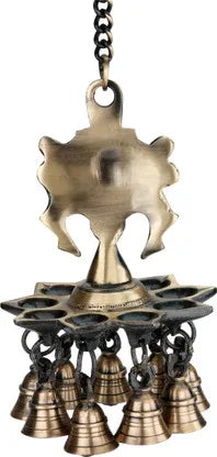 Chakra brass hanging lamp with 9 wicks and bells for pooja-ArtyCraftz.com