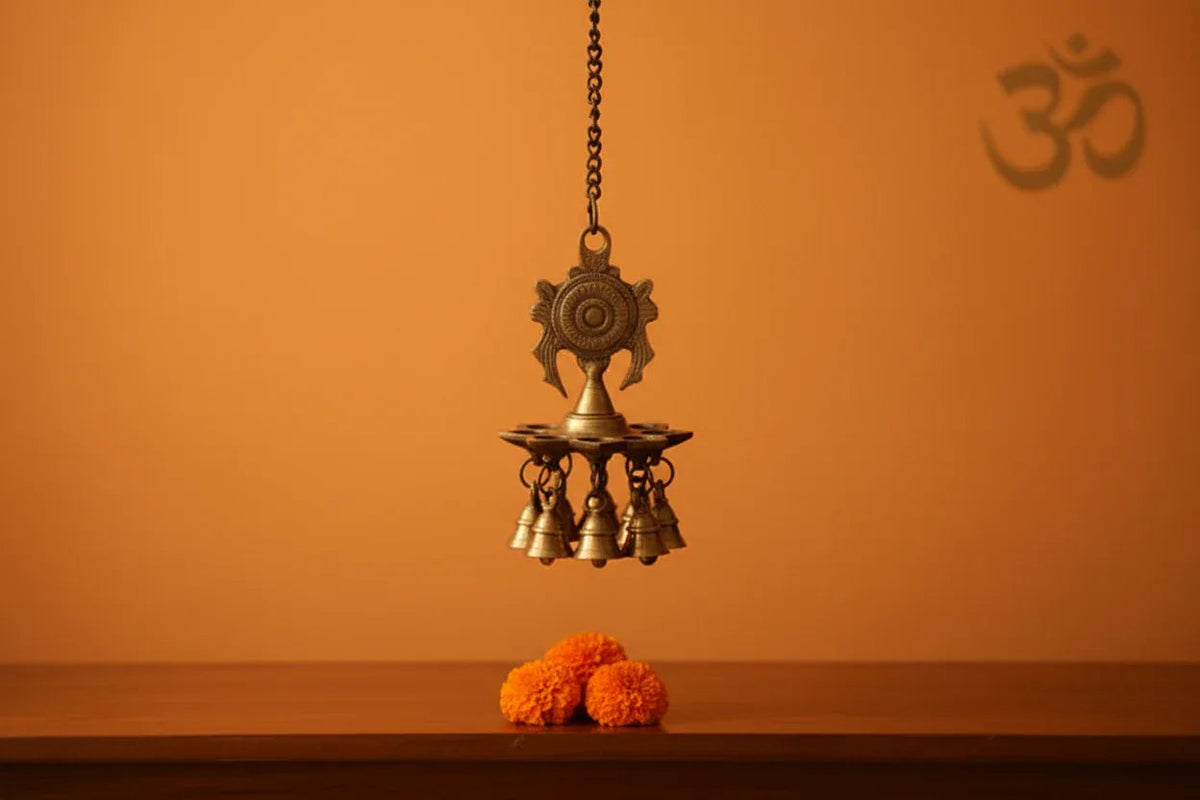 Chakra brass hanging lamp with 9 wicks and bells for pooja-ArtyCraftz.com