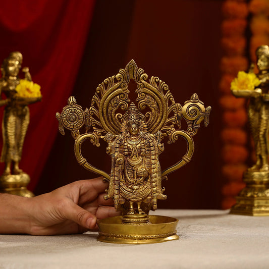 Brass Tirupati Balaji Venkateswara Swamy statue with attached diya-ArtyCraftz.com
