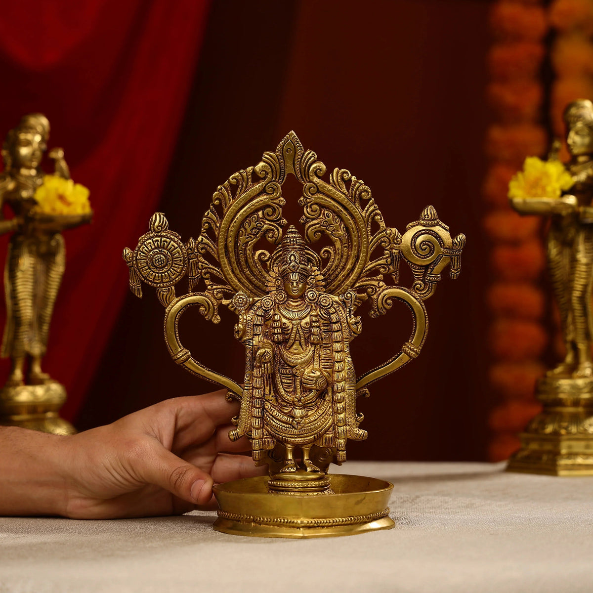 Brass Tirupati Balaji Venkateswara Swamy statue with attached diya-ArtyCraftz.com