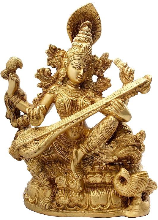 Brass Saraswati Idol with Veena for Home Temple & Study Decor Veena-Vadini Kamalasana