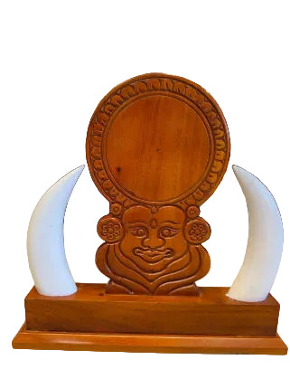 Wooden Kathakali Face Table Decor with Curved White Tusks-ArtyCraftz.com