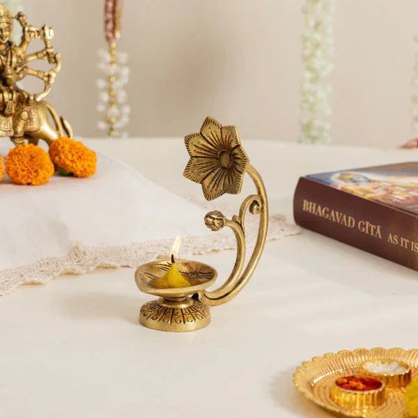 Handcrafted Pure Brass Diya with Flower Handle