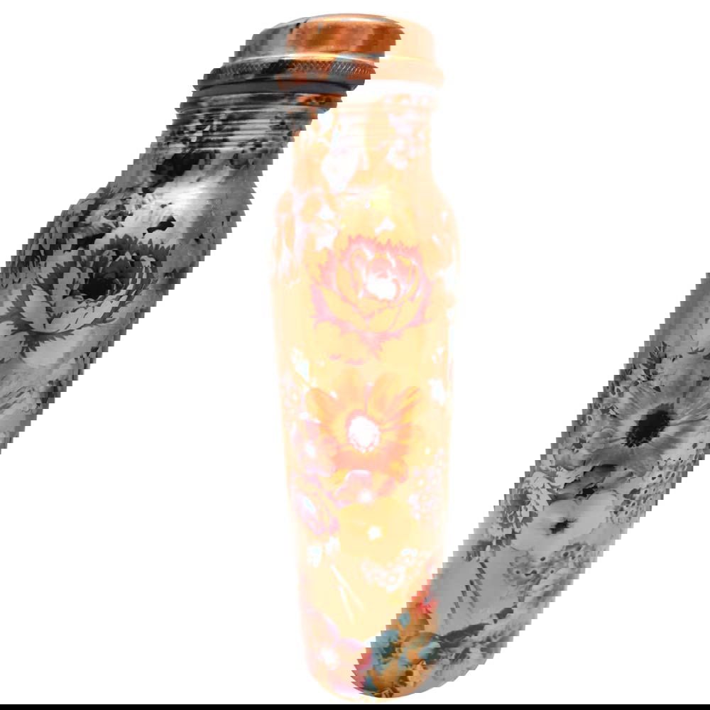 Pure Copper Floral Printed Water Bottle Joint-Less/Leak-Proof 1000ML/1L (300 Grams) (Floral Prints 1) - Pack of 2 - ArtyCraftz.com