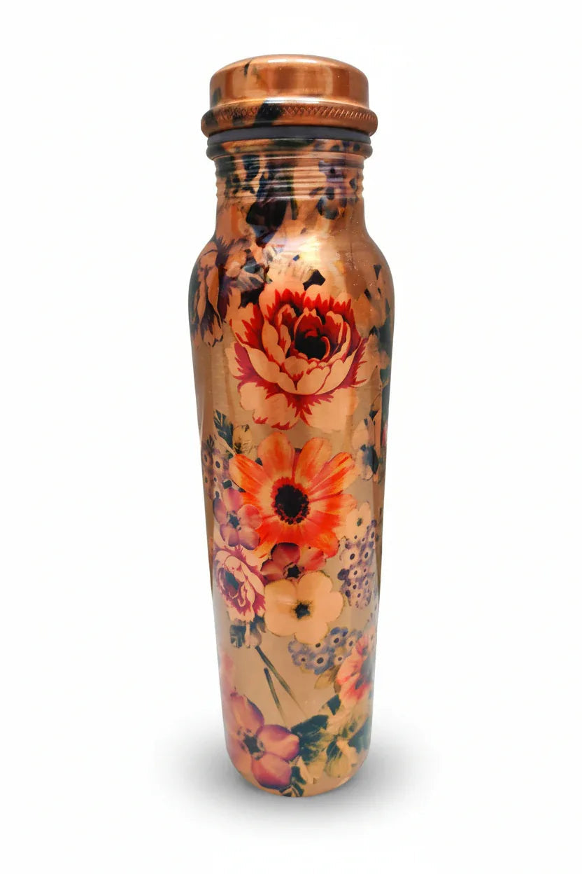 Pure Copper Floral Printed Water Bottle Joint-Less/Leak-Proof 1000ML/1L (300 Grams) (Floral Prints 1) - Pack of 2 - ArtyCraftz.com