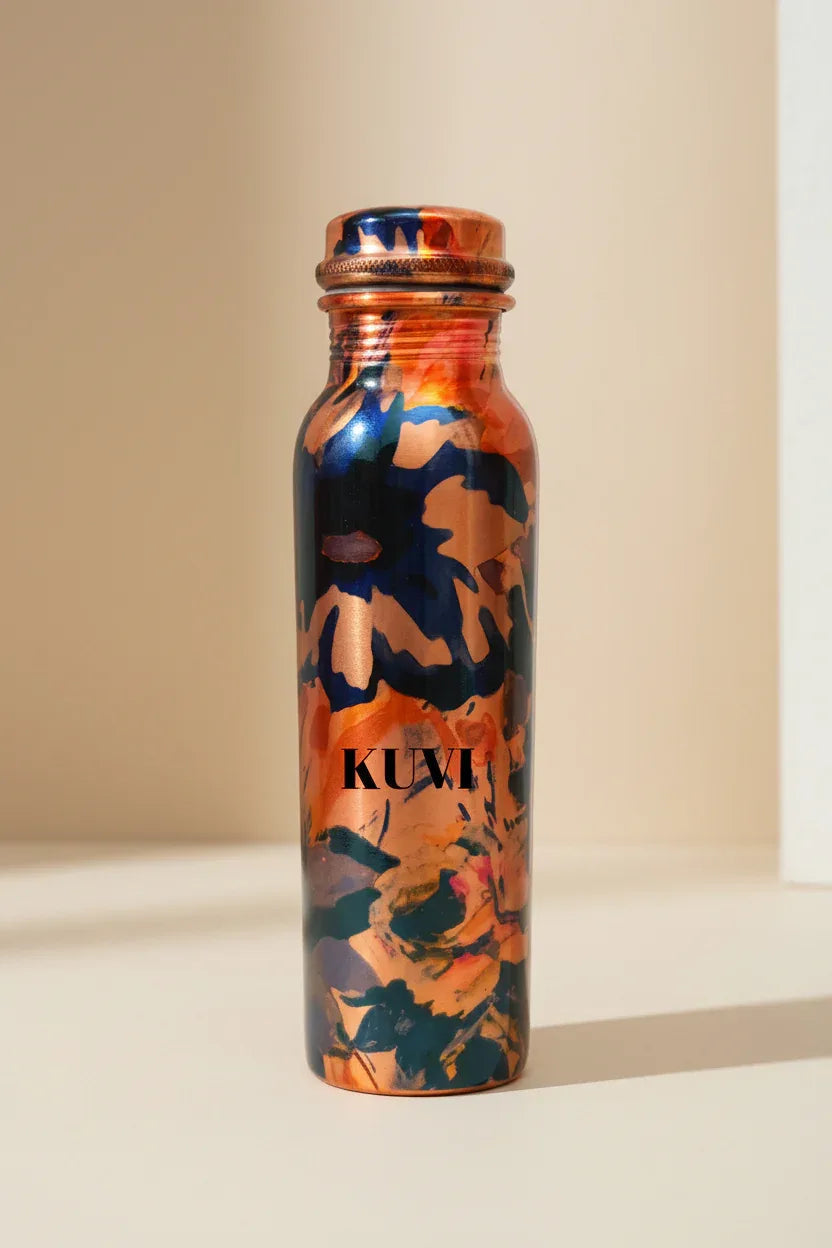 Pure Copper Floral Printed Water Bottle Joint-Less/Leak-Proof 1000ML/1L (300 Grams) (Floral Prints 3) - Pack of 2 - ArtyCraftz.com