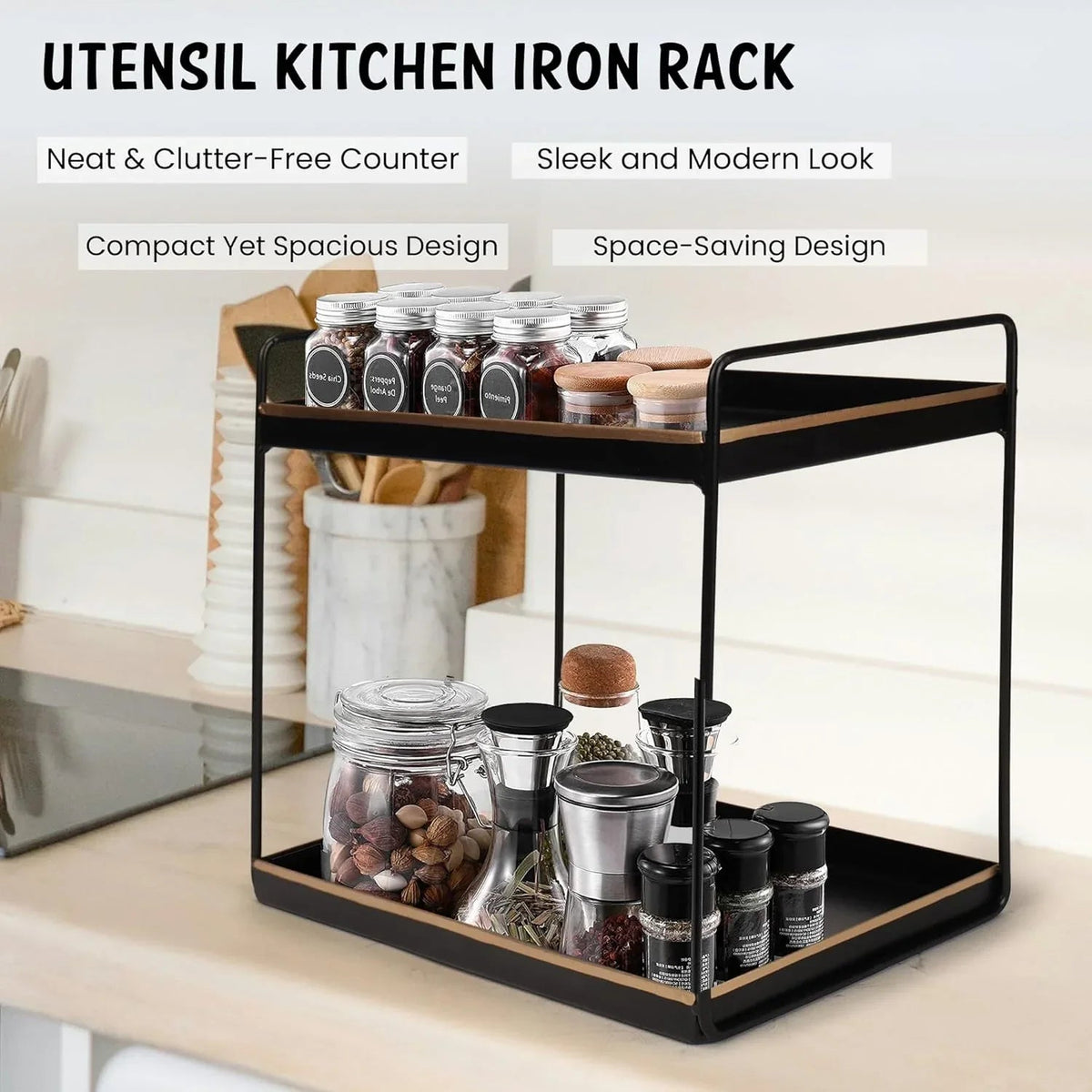 Kitchen iron rack with jars and utensils on a countertop, featuring text about its benefits.