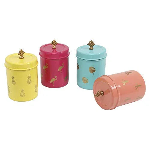 Four colorful cylindrical containers with decorative lids