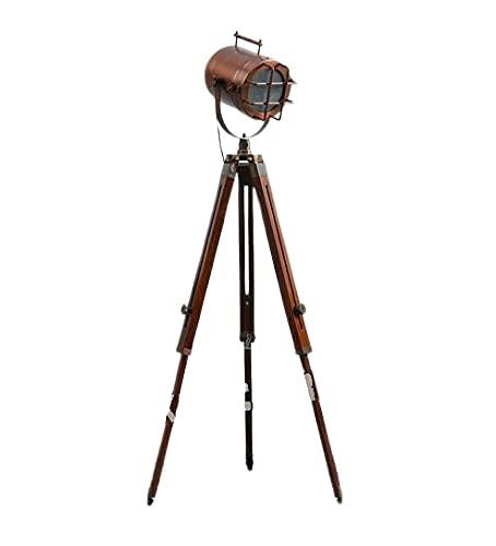 Vintage Industrial Tripod Floor Lamp Wood & Steel Spotlight Design