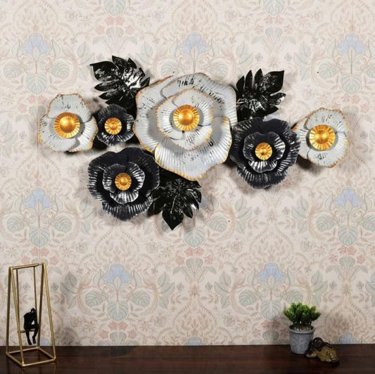 39 inch black and white metal floral wall art with gold flower centers-ArtyCraftz.com