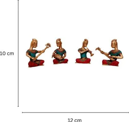 Four decorative figurines of musicians on a white background with measurement lines.