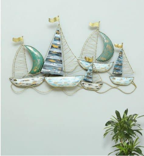 Handmade Metal W-Marina Boat Wall Decor in Beige Background