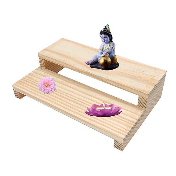 2 Step Mini Wooden Chowki for Mandir/Pooja with Hard Babool Wood Legs Side View