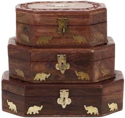 A set of three brown wooden jewellery boxes with brass animal designs and locks.