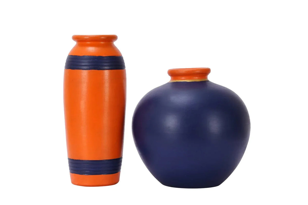 Combo Of Terracotta Handpainted Decorative Vase / Pots Orange & Blue Set Of 2