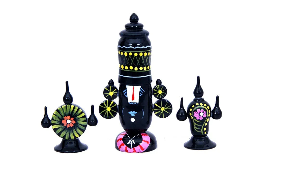 Handmade Etikoppaka Balaji Shanku Chakra Showpiece in White Plain Background