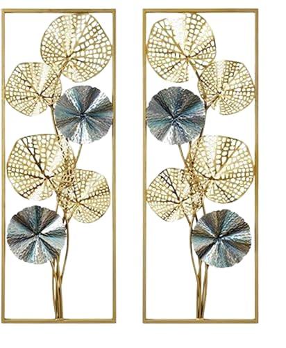 Decorative wall art with floral designs in gold and blue on a white background