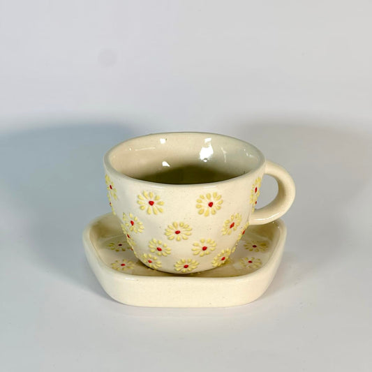 Embossed Daisy Bloom Ceramic Cup & Saucer Set