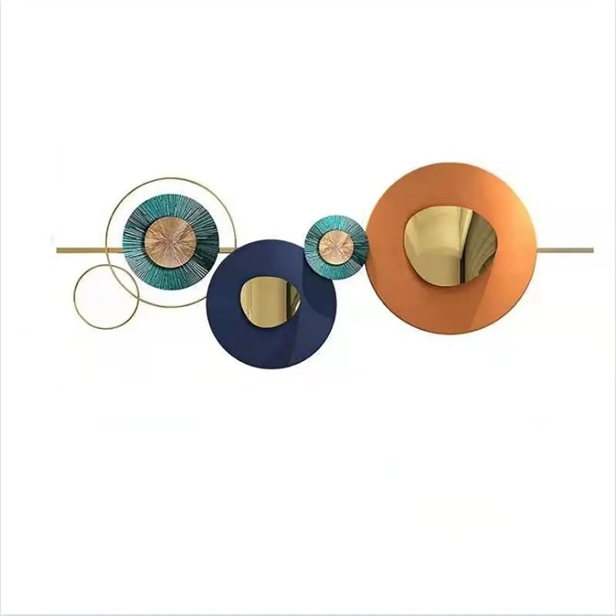 Decorative wall art with circular mirrors in orange, blue, and green on a white background