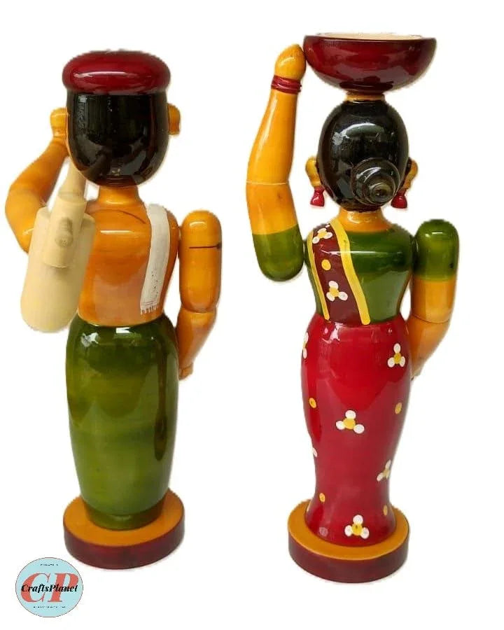 Etikopaka Handpainted Wooden Farmer Couple Dolls Traditional Andhra Village Life Figurines