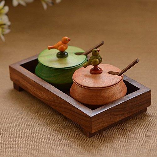 Wooden Multicolored 2 Jar set with Base Tray and Spoon