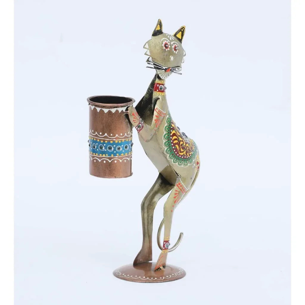 Handcrafted Metal Multi Color Cat Pen Stand for Showpiece