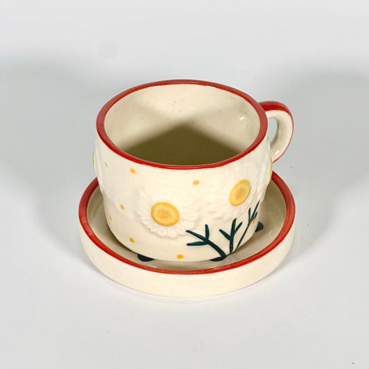 Handcrafted Ceramic Sunny Daisy Cup with Saucer-ArtyCraftz.com