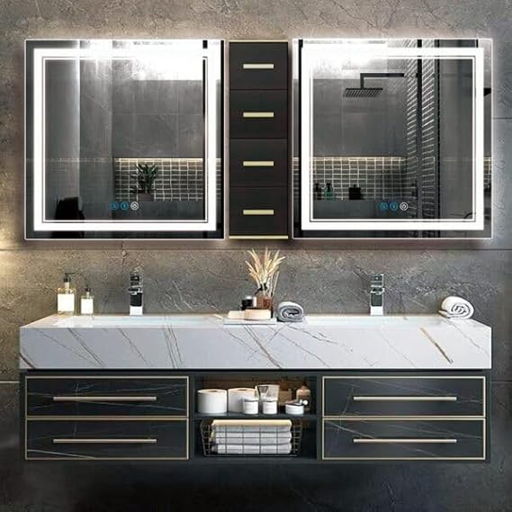 Square Shape Smart LED Wall Mirror with Adjustable Light Touch Sensors (White, Warm)
