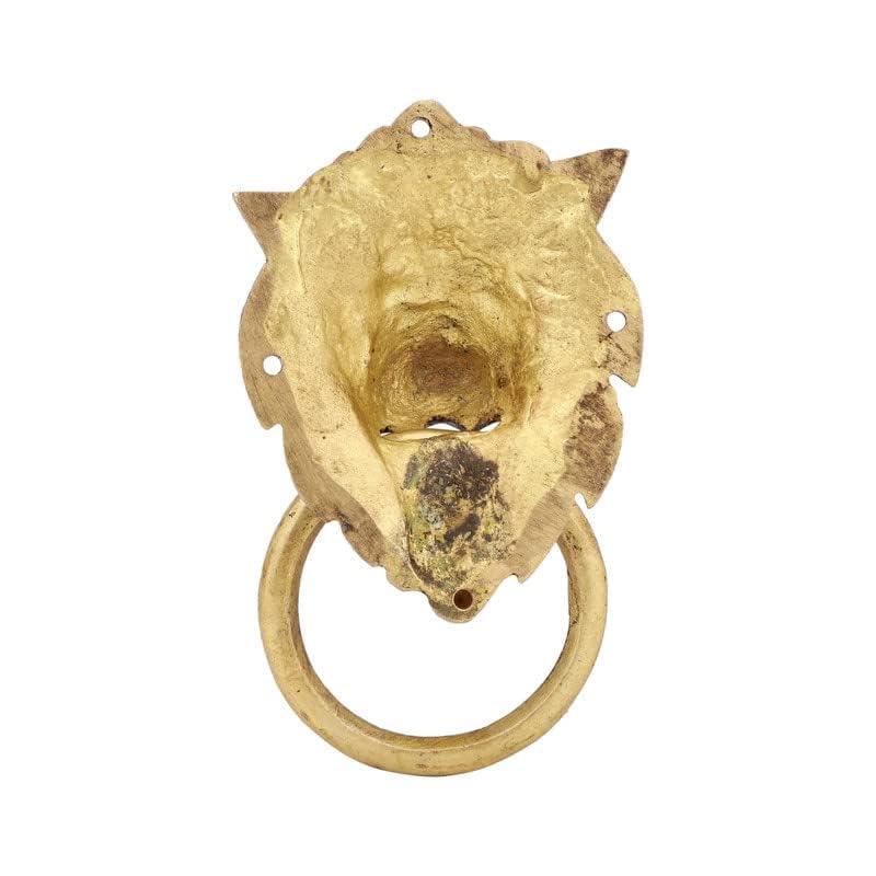Golden colour door knocker shaped like a lion's head on a white background in back view