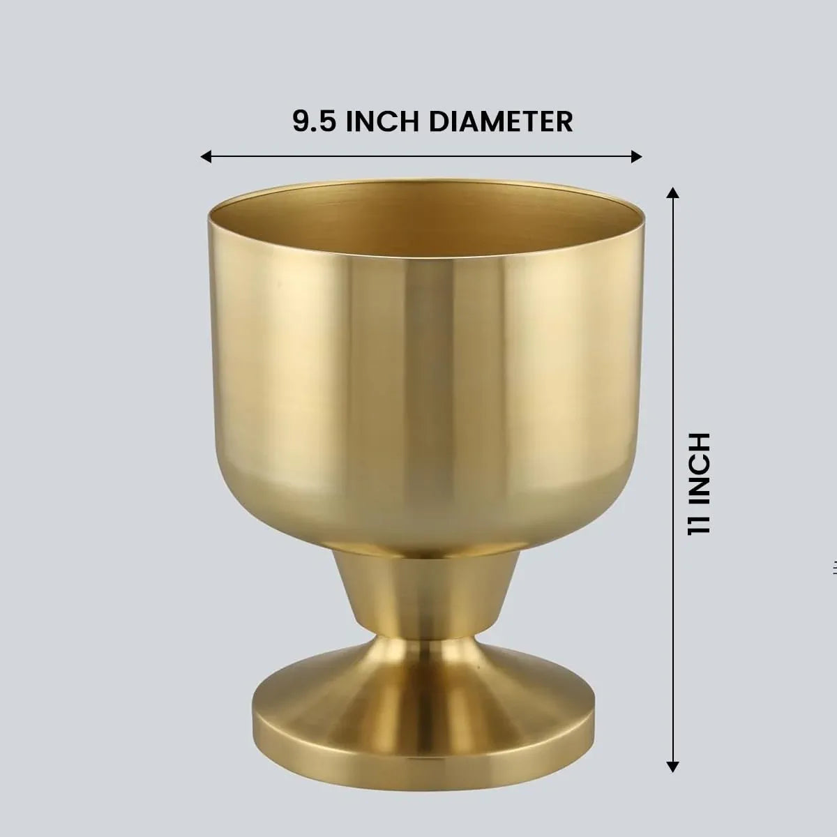 Gold goblet with measurements on a light gray background