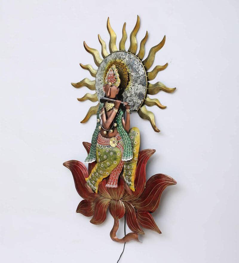 Iron Krishna on Lotus with LED Wall Art