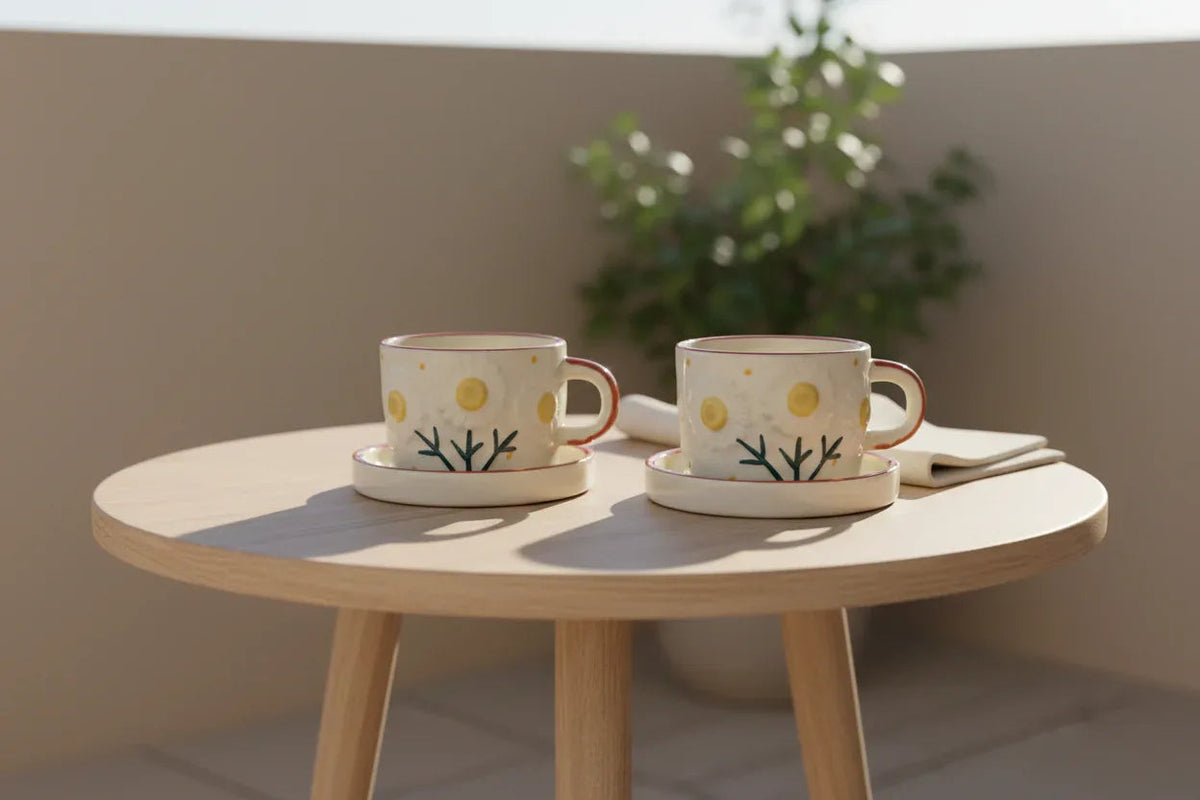 Handcrafted Ceramic Sunny Daisy Cup with Saucer-ArtyCraftz.com