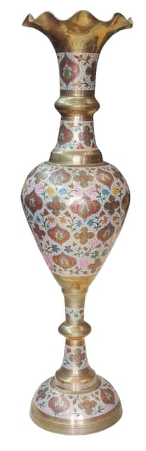 54-inch tall brass trumpet floor vase with intricate multicolour floral Meenakari-style decorative detailing.-artycraftz.com