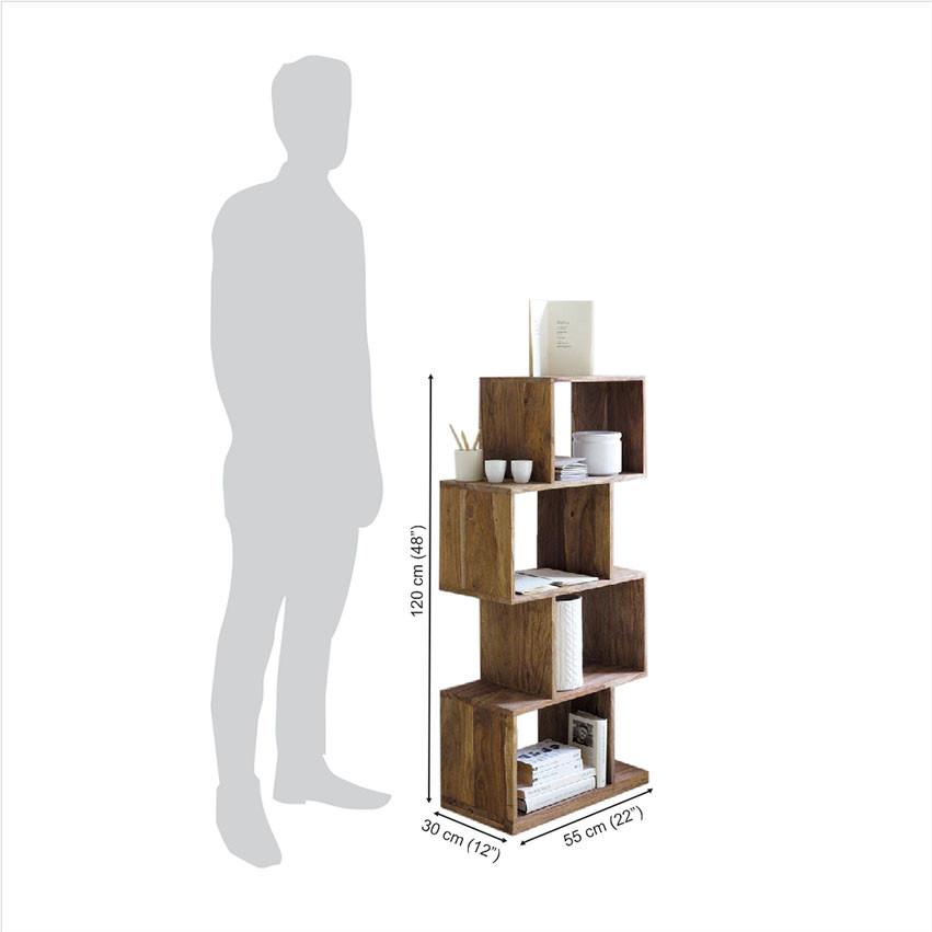 Wooden bookshelf with dimensions indicated by a mannequin silhouette on a white background