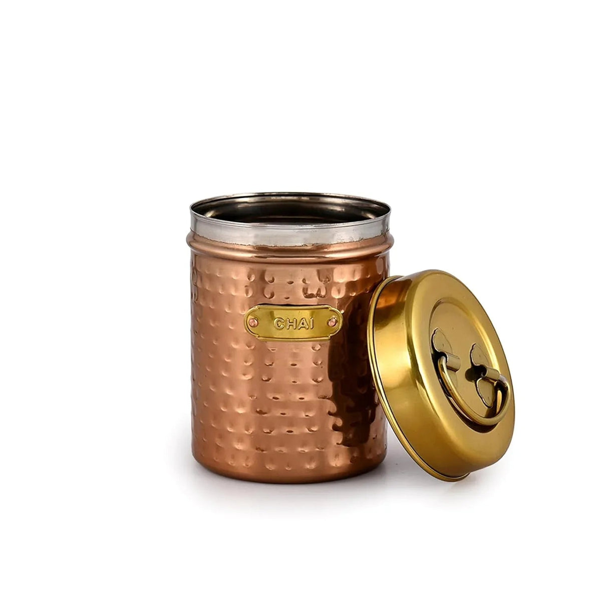 Copper canister with a golden colour lid on a white background