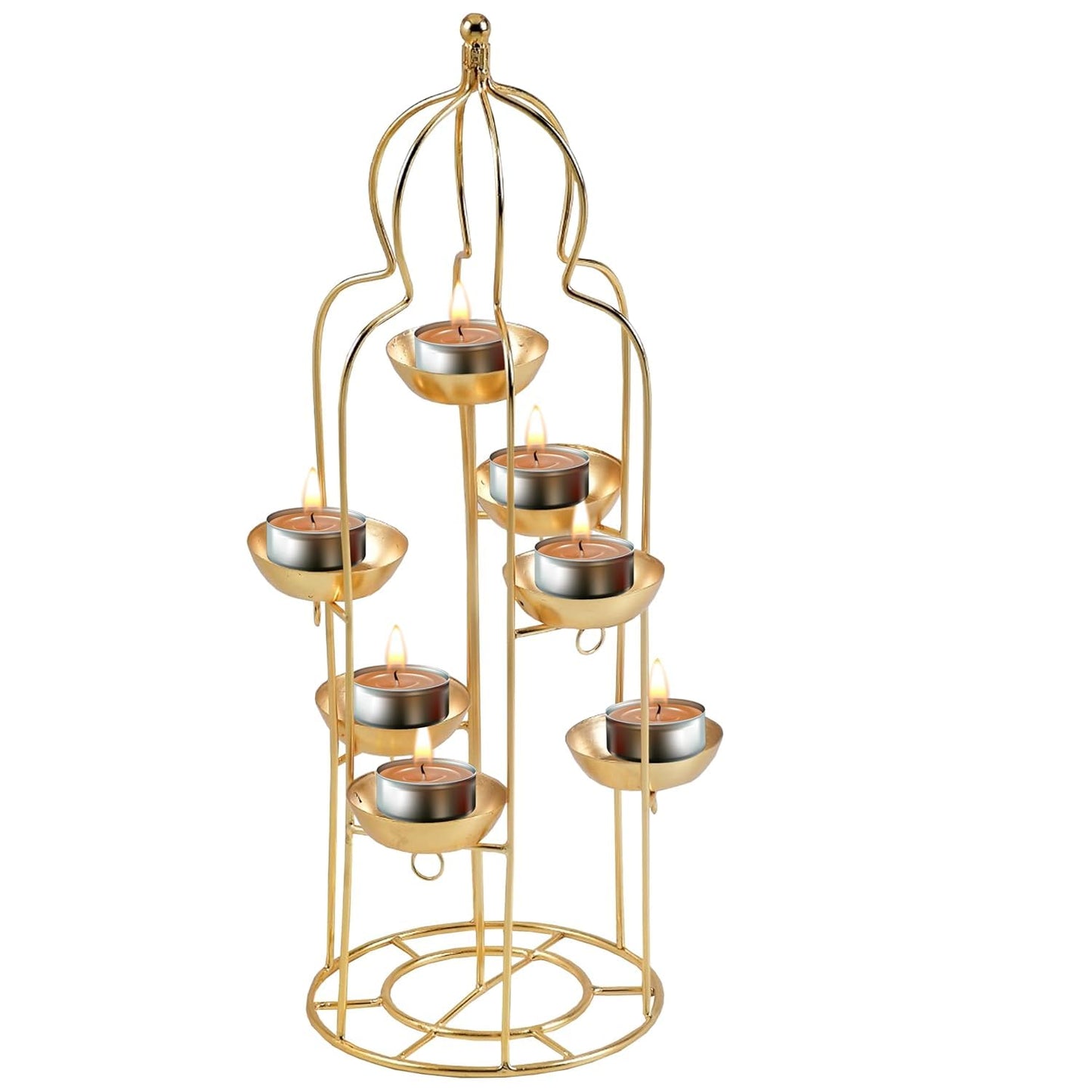 Gold candle holder with multiple small candles on a white background
