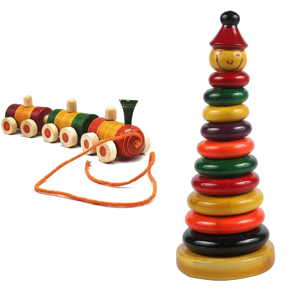 Channapatna Pull Along Wooden Train & Stacking Toy
