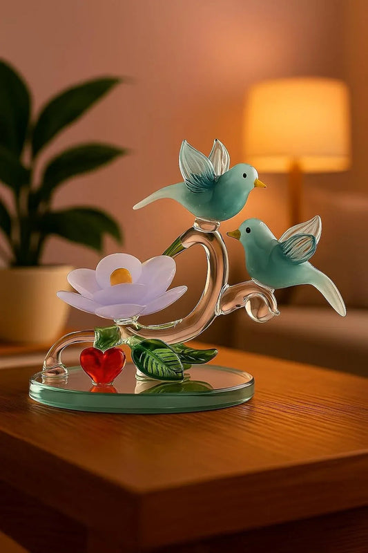 Glass Bird Couple with Flower Showpiece-ArtyCraftz.com
