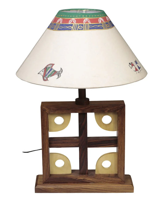 Wooden Table Lamp Artistic Square With Madhubani Handpainted with White Background