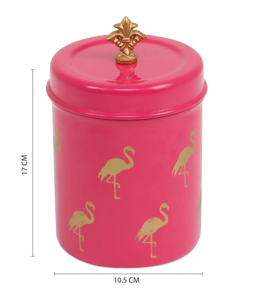 Pink container with gold flamingo designs and a gold lid, shown with dimensions