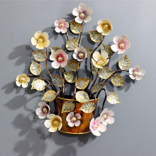Metal Flower Pot Large Wall Art Mounted Hanging Decoration Showpiece with Leaves