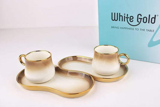 White & Gold Ceramic Tea Cup Set with Snack Trays