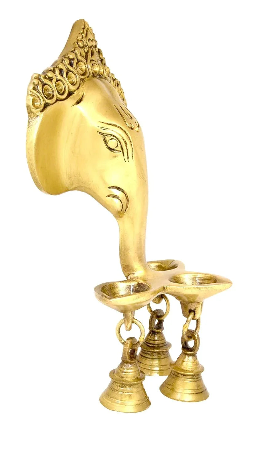 Crown Ganesh Brass Wall Hanging with 3 Diyas & Bells-ArtyCraftz.com