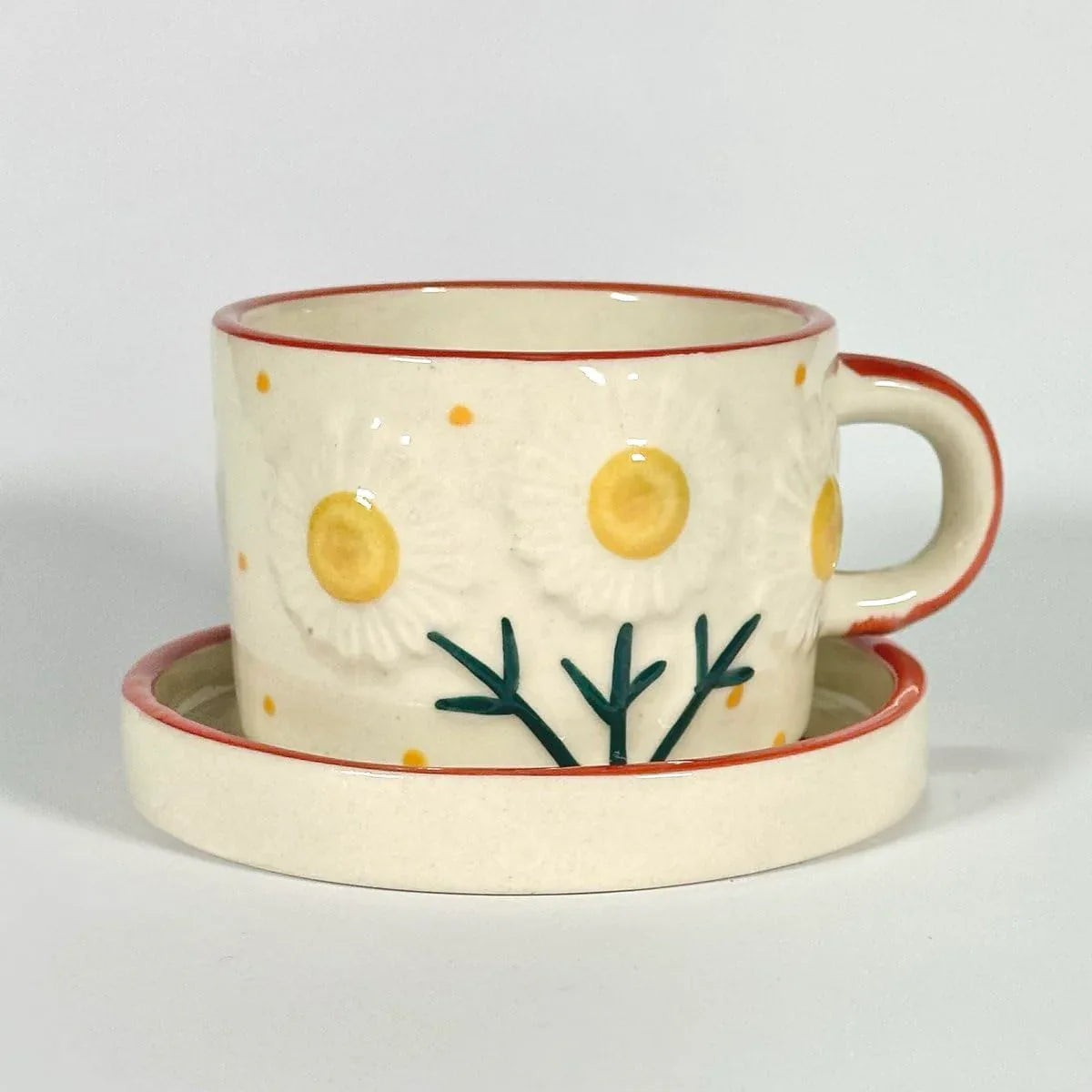 Handcrafted Ceramic Sunny Daisy Cup with Saucer-ArtyCraftz.com