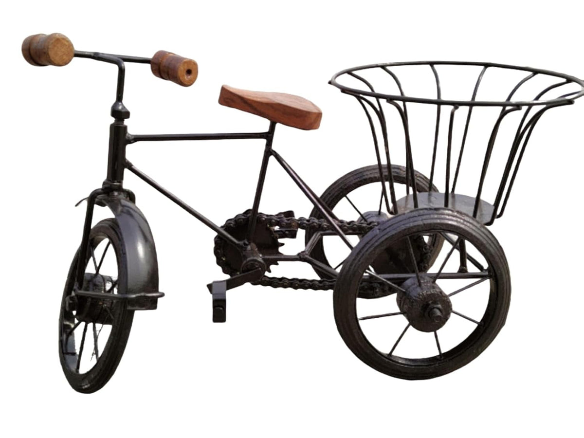 Wooden & Wrought Iron Small Miniature Tricycle Flower Rickshaw Vase Showpiece