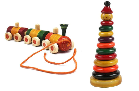 Channapatna Pull Along Wooden Train & Stacking Toy