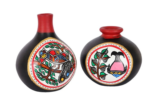 Miniature Madhubani Table Pots In Terracotta Black - Set of 2