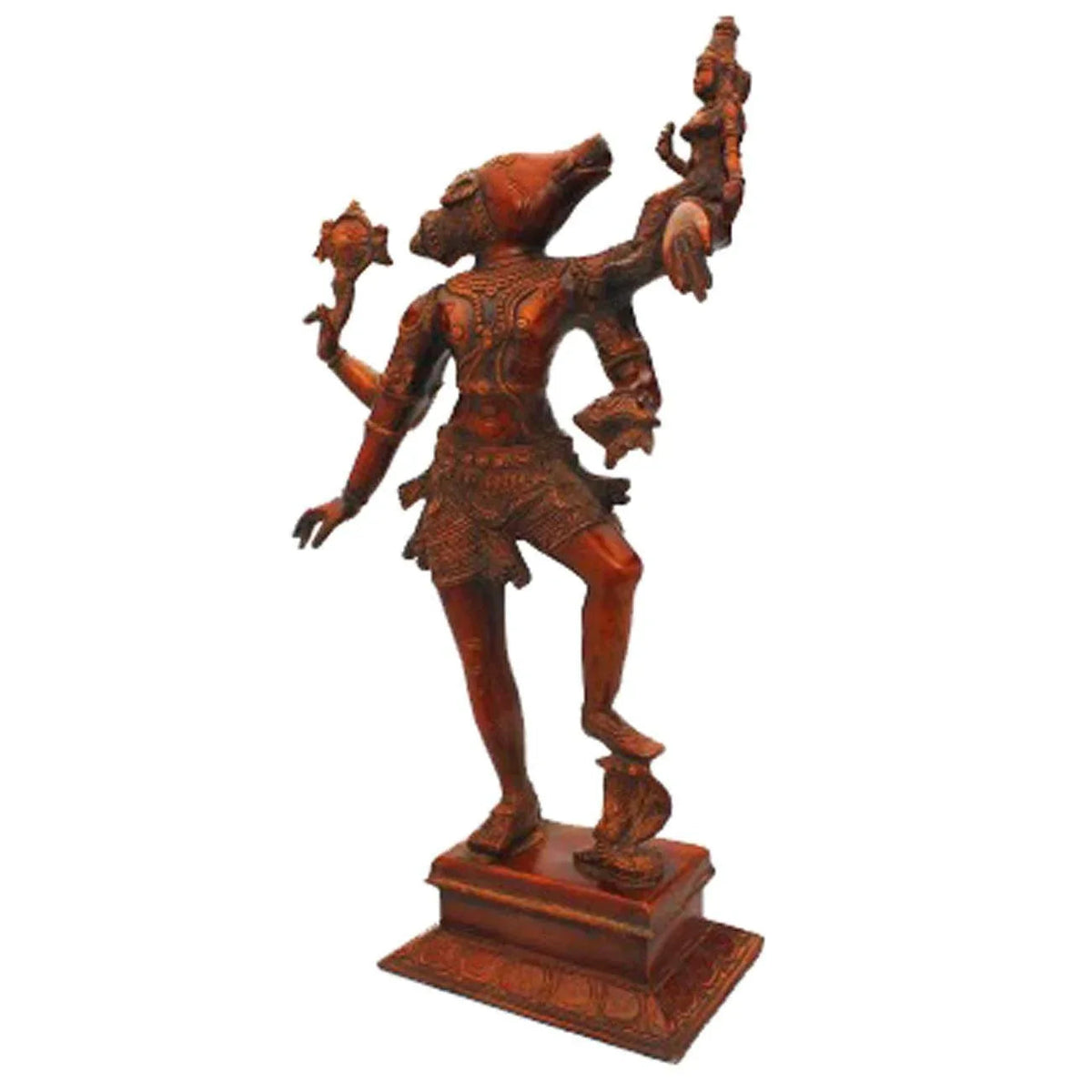 An antique brass sculpture of Varaha (Boar) faced incarnation of Lord Vishnu with a red finish, standing on a base.